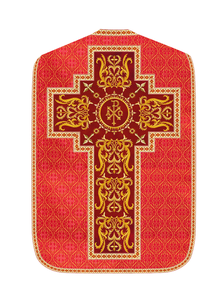 Liturgical Roman Chasuble Vestment With Spiritual Motifs and Trims