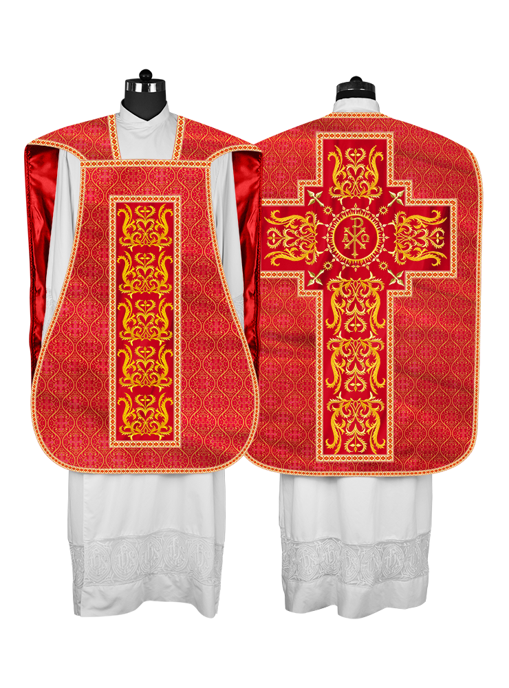 Liturgical Roman Chasuble Vestment With Spiritual Motifs and Trims