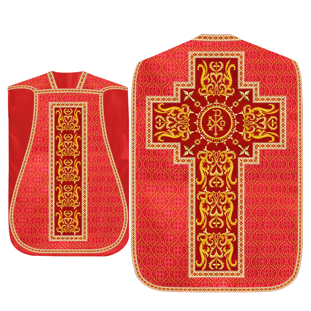 Liturgical Roman Chasuble Vestment With Spiritual Motifs and Trims