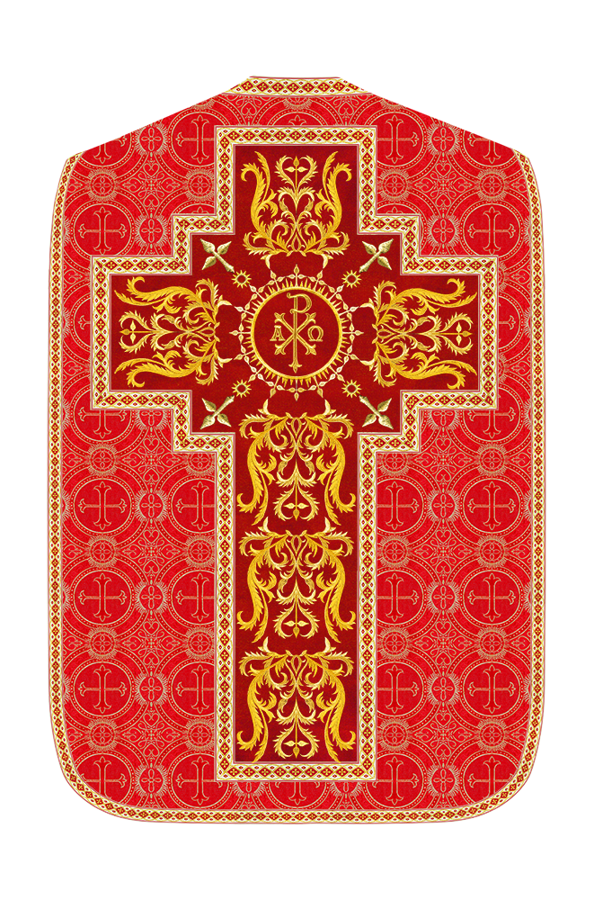 Liturgical Roman Chasuble Vestment With Spiritual Motifs and Trims