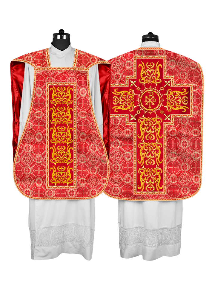 Liturgical Roman Chasuble Vestment With Spiritual Motifs and Trims