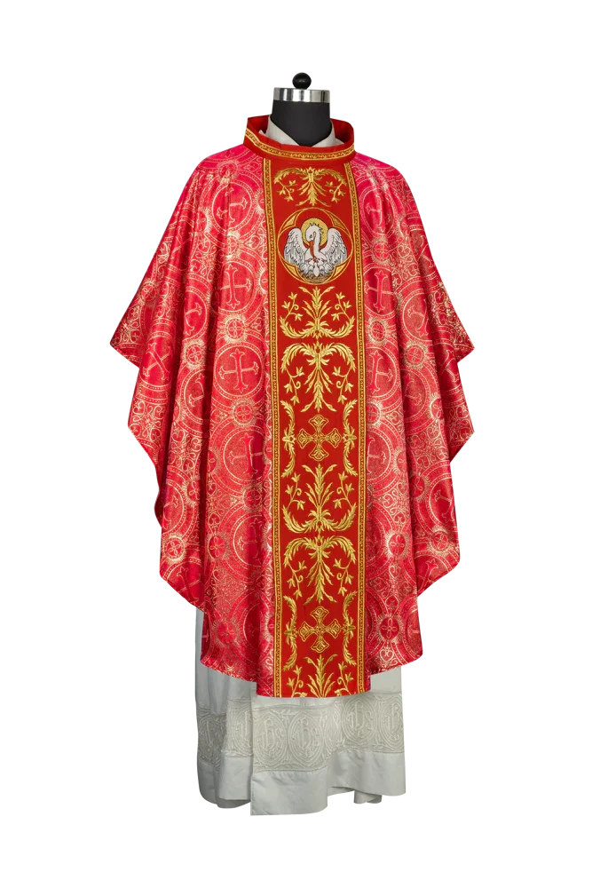Gothic Chasuble with Ornate Pelican and Cross Embroidery