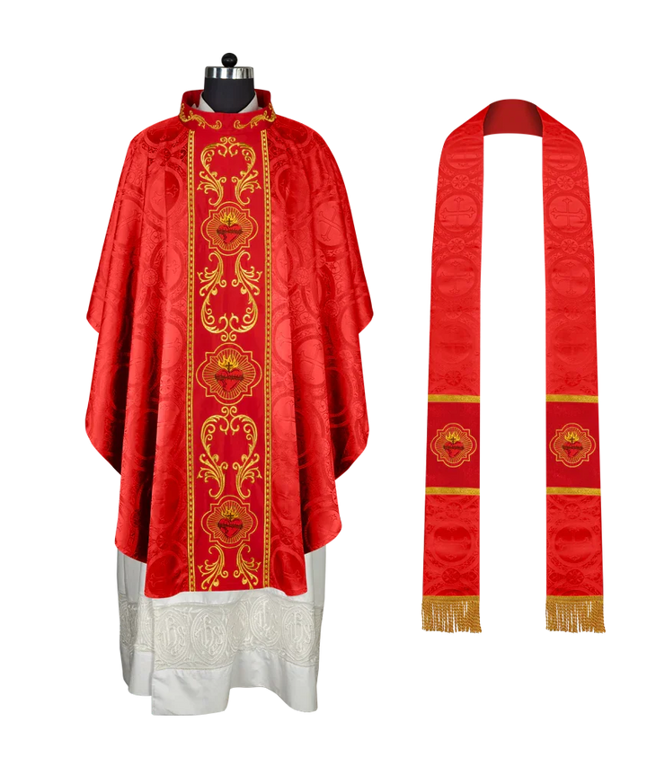 Gothic Style Chasuble with Sacred Heart Embroidered Orphrey