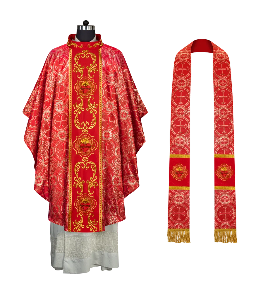 Gothic Style Chasuble with Sacred Heart Embroidered Orphrey