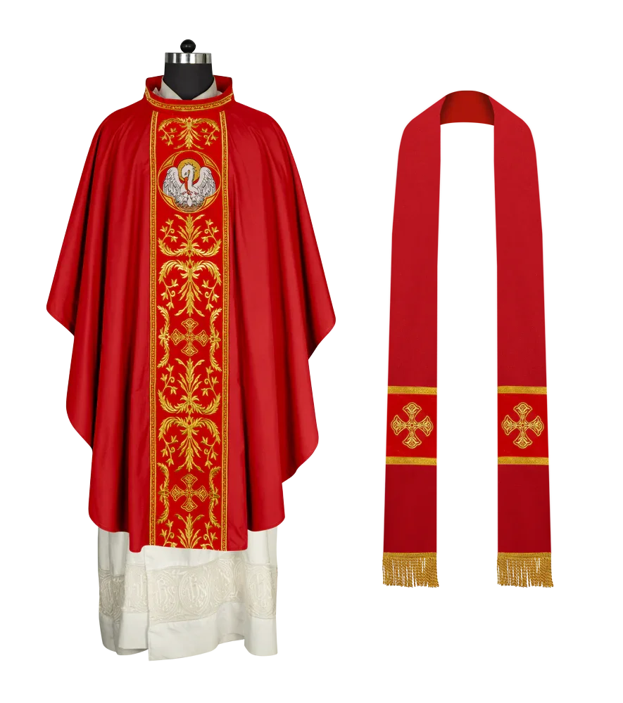 Gothic Chasuble with Ornate Pelican and Cross Embroidery