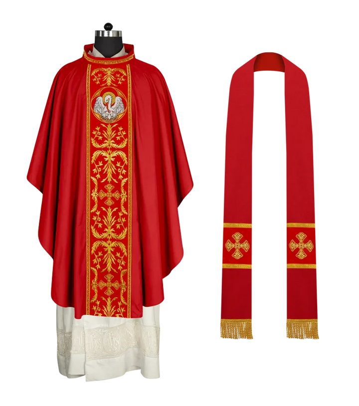Gothic Chasuble with Ornate Pelican and Cross Embroidery