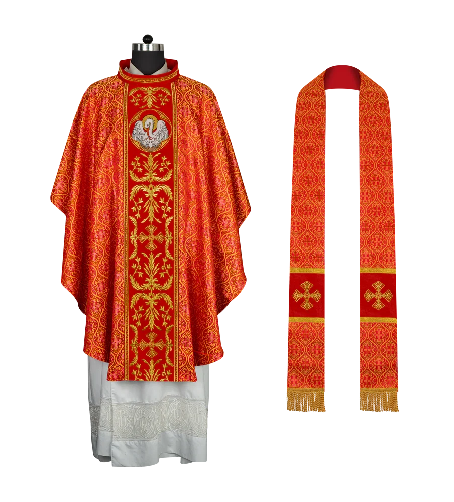 Gothic Chasuble with Ornate Pelican and Cross Embroidery