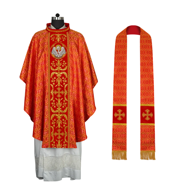 Gothic Chasuble with Ornate Pelican and Cross Embroidery