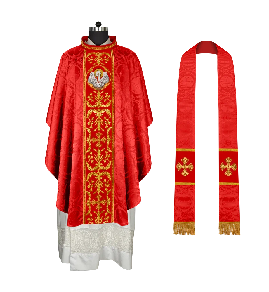 Gothic Chasuble with Ornate Pelican and Cross Embroidery