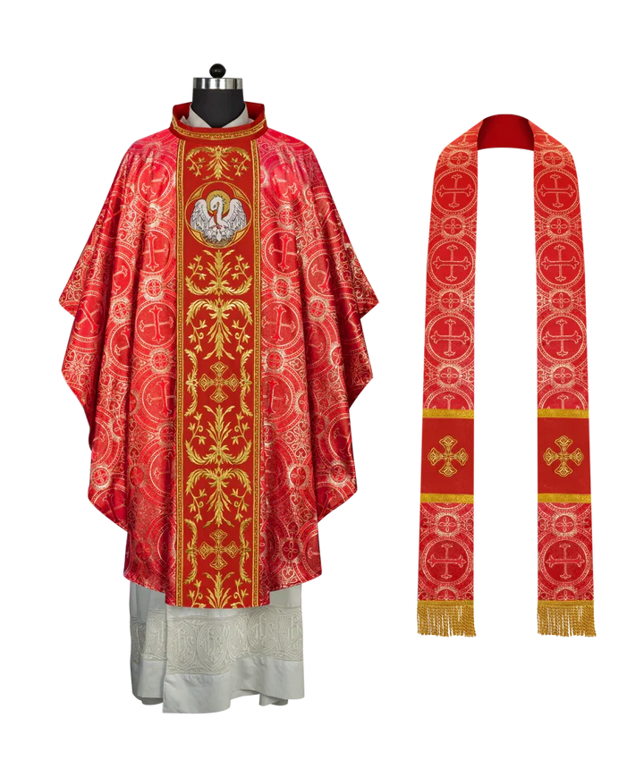 Gothic Chasuble with Ornate Pelican and Cross Embroidery