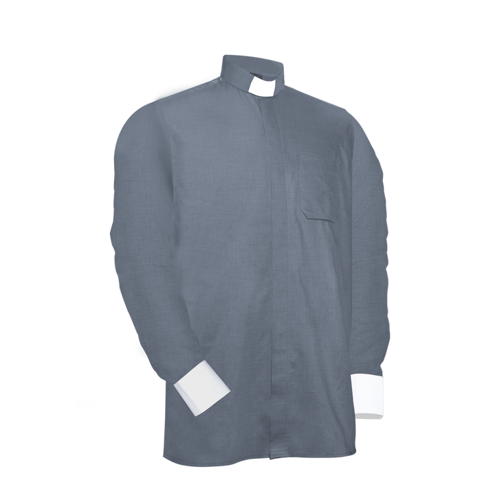 Grey Long-Sleeve Tab Collar Clergy Shirt- Hidden button placket