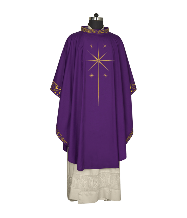 Ornate Advent Chasuble with Golden Star Embroidery