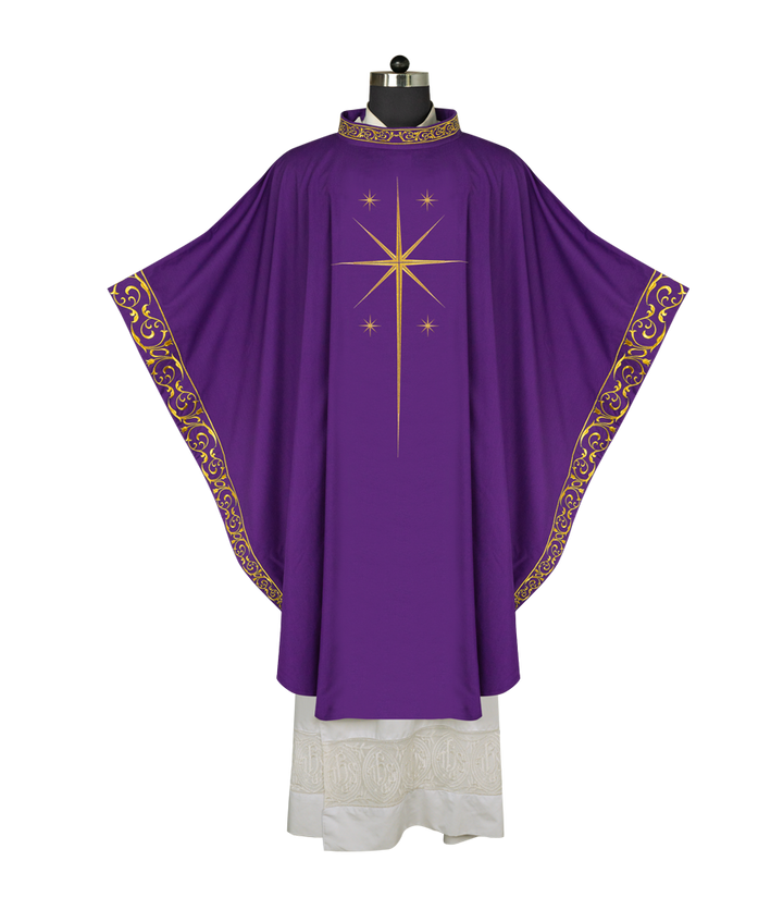 Ornate Advent Chasuble with Golden Star Embroidery
