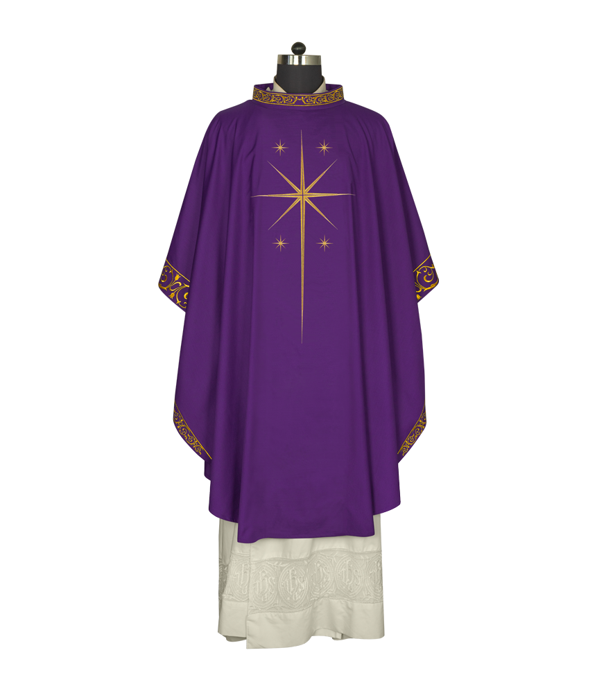 Ornate Advent Chasuble with Golden Star Embroidery