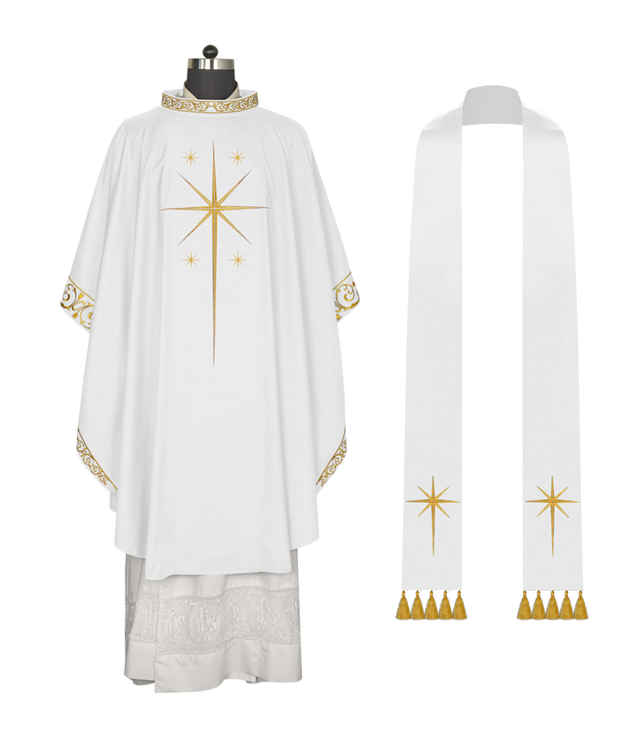 Ornate Advent Chasuble with Golden Star Embroidery