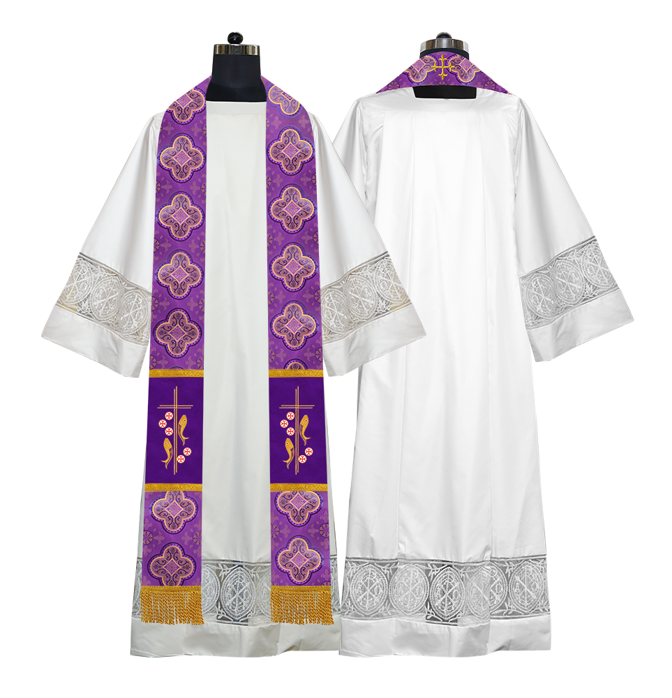 Catholic Priest Embroidered Clergy Stole with Fish and Spiritual Cross