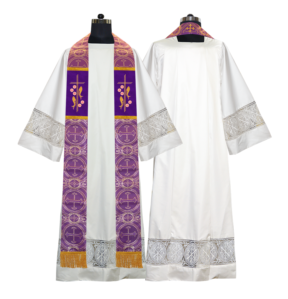 Catholic Priest Embroidered Clergy Stole with Fish and Spiritual Cross