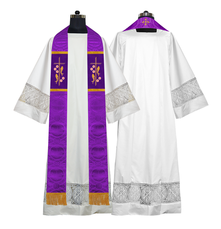 Catholic Priest Embroidered Clergy Stole with Fish and Spiritual Cross