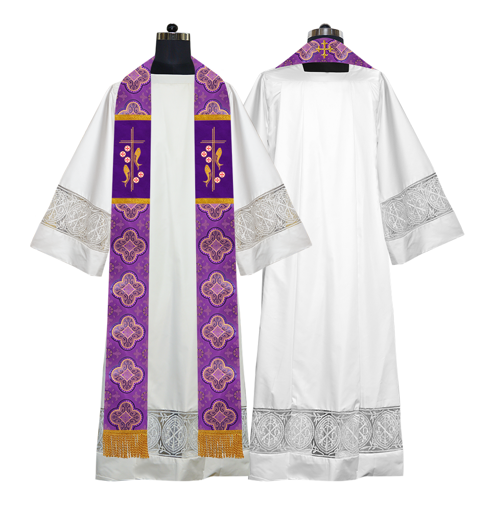 Catholic Priest Embroidered Clergy Stole with Fish and Spiritual Cross