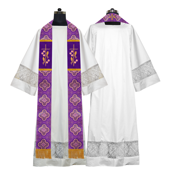 Catholic Priest Embroidered Clergy Stole with Fish and Spiritual Cross