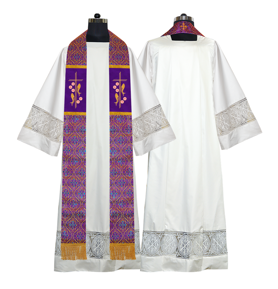 Catholic Priest Embroidered Clergy Stole with Fish and Spiritual Cross