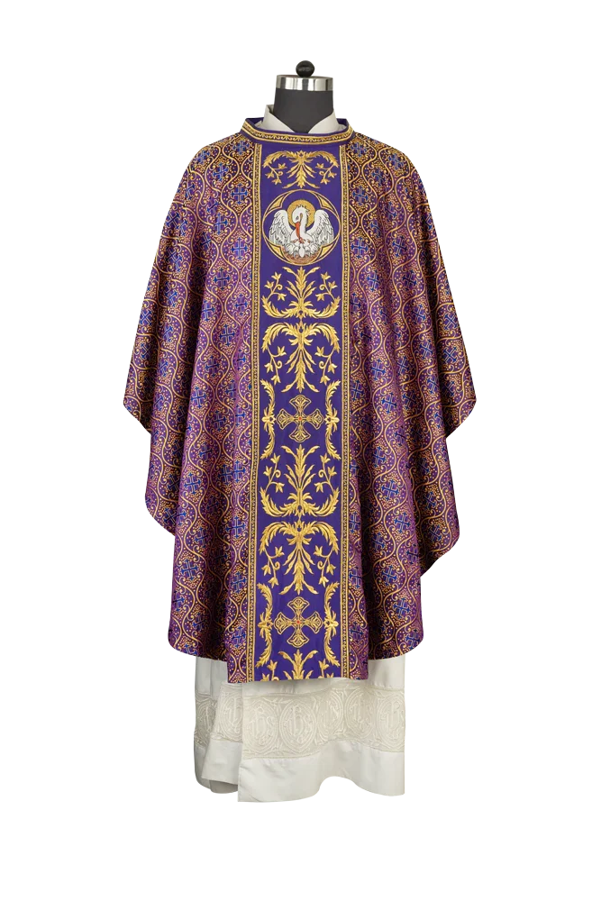 Gothic Chasuble with Ornate Pelican and Cross Embroidery