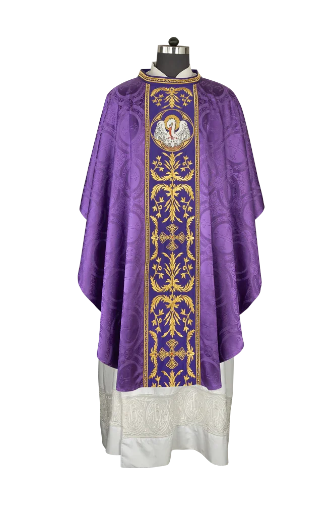 Gothic Chasuble with Ornate Pelican and Cross Embroidery