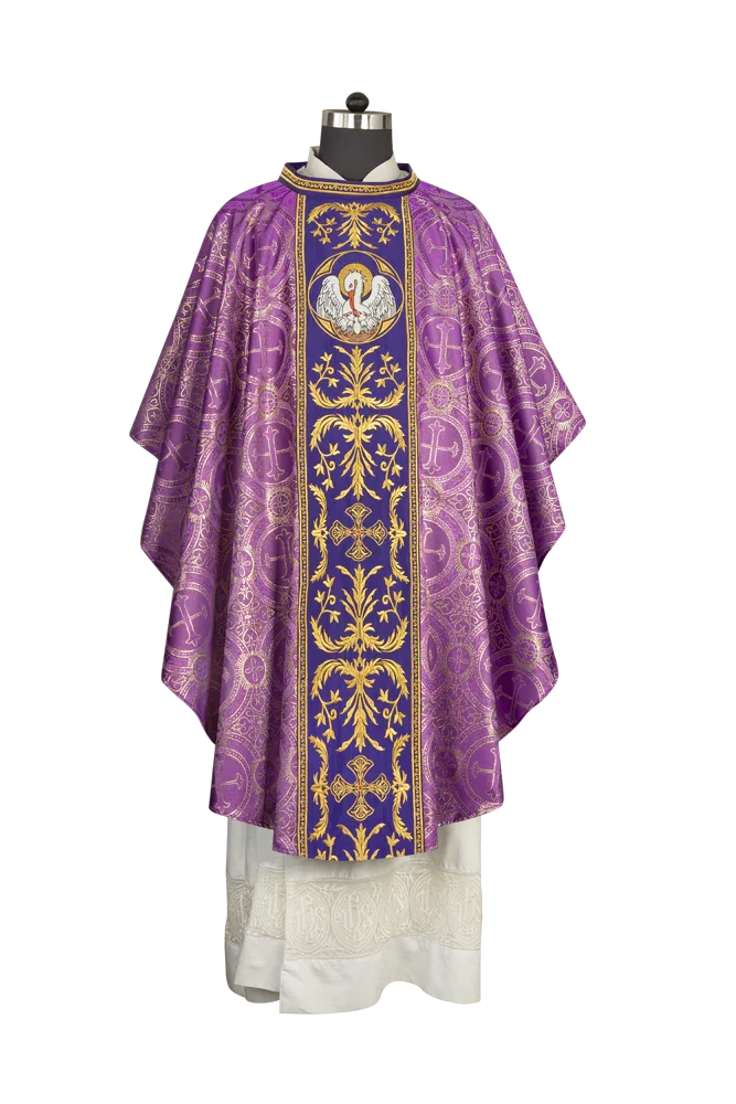 Gothic Chasuble with Ornate Pelican and Cross Embroidery