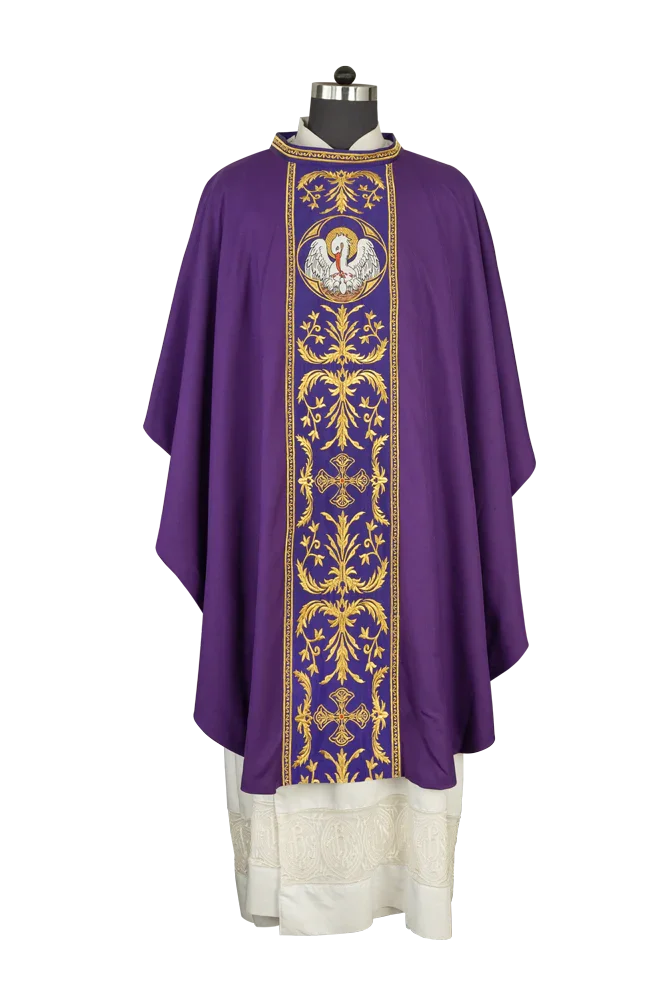 Gothic Chasuble with Ornate Pelican and Cross Embroidery