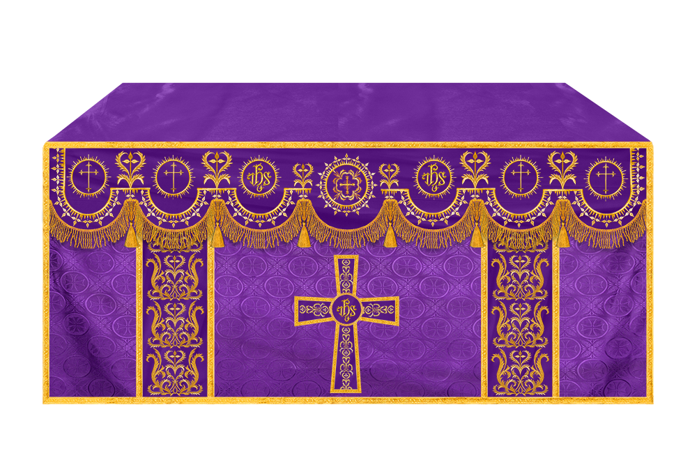 Traditional Altar Table Cloth with Ornate Motif and Embroidered Trims