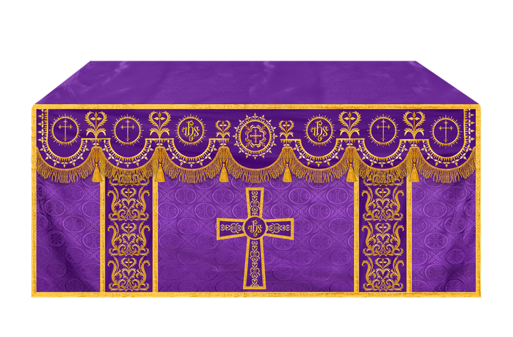Traditional Altar Table Cloth with Ornate Motif and Embroidered Trims