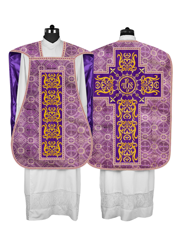 Liturgical Roman Chasuble Vestment With Spiritual Motifs and Trims
