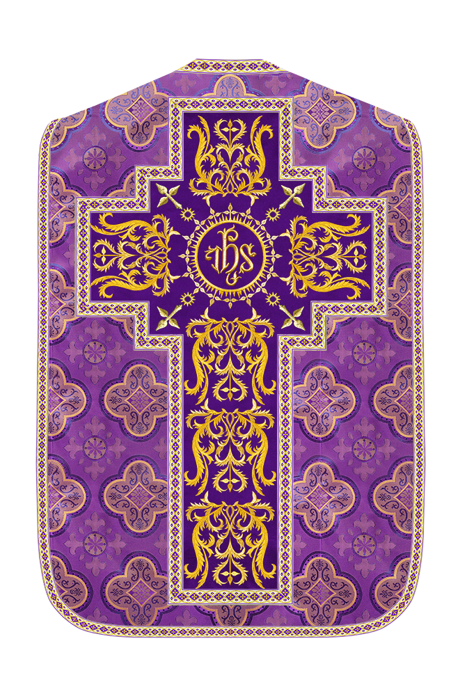 Liturgical Roman Chasuble Vestment With Spiritual Motifs and Trims