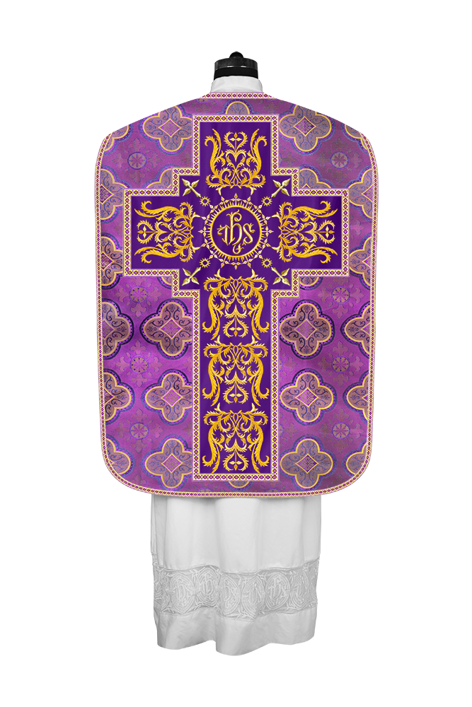 Liturgical Roman Chasuble Vestment With Spiritual Motifs and Trims