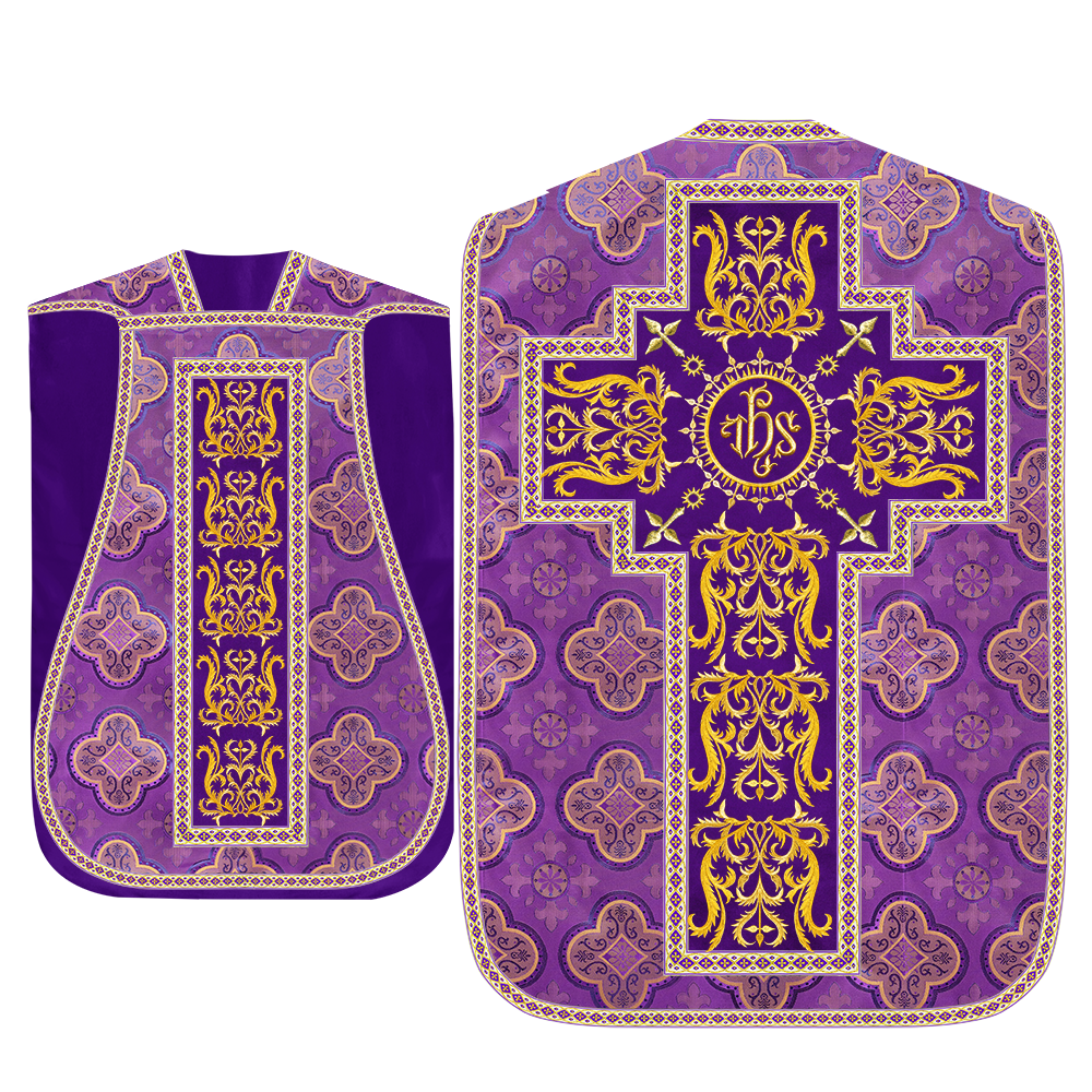 Liturgical Roman Chasuble Vestment With Spiritual Motifs and Trims