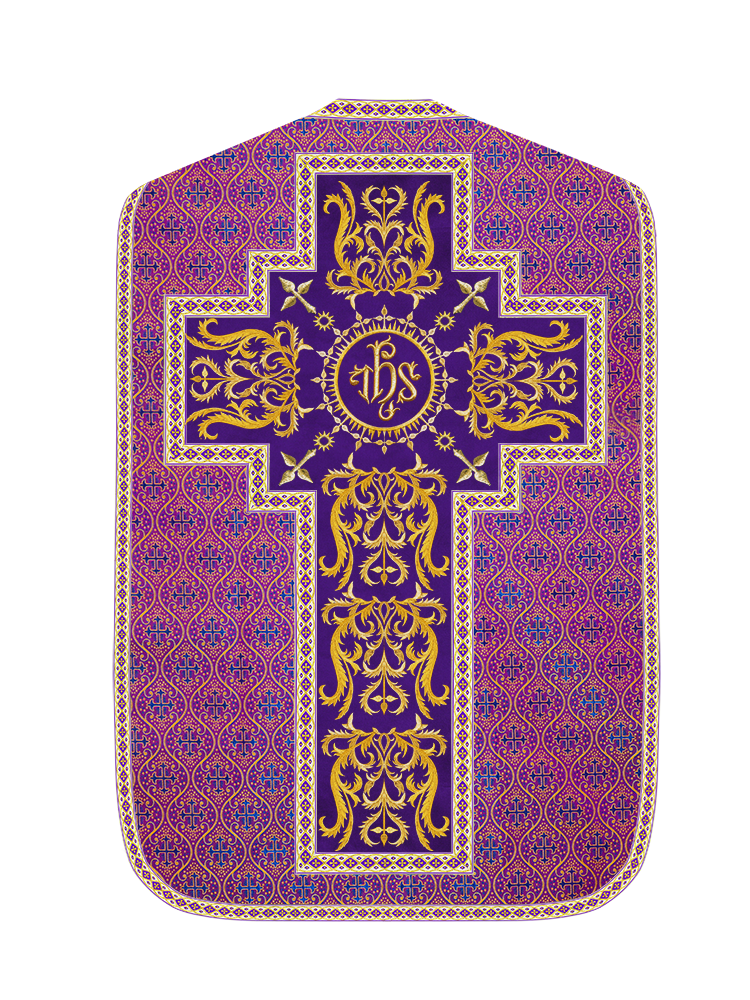 Liturgical Roman Chasuble Vestment With Spiritual Motifs and Trims