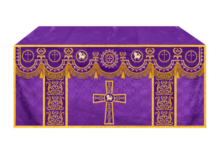 Traditional Altar Table Cloth with Ornate Motif and Embroidered Trims