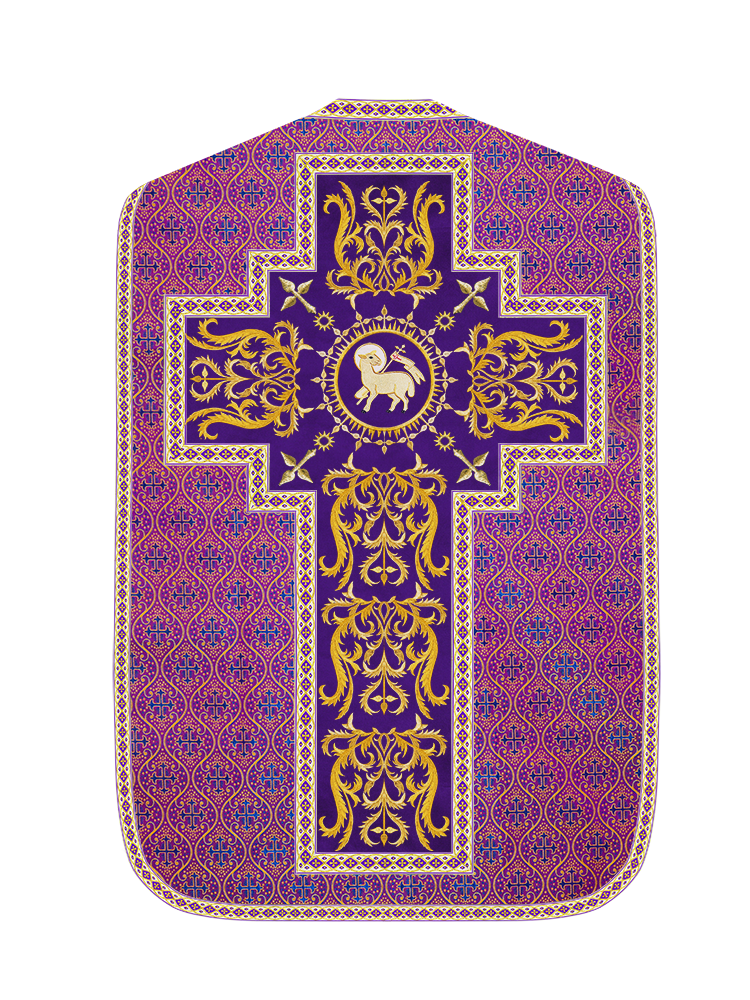 Liturgical Roman Chasuble Vestment With Spiritual Motifs and Trims