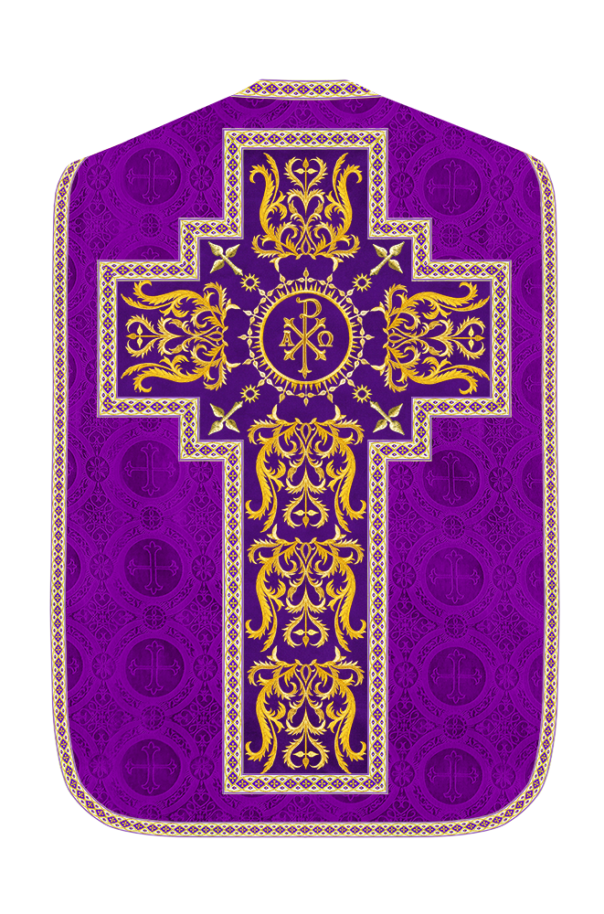 Liturgical Roman Chasuble Vestment With Spiritual Motifs and Trims