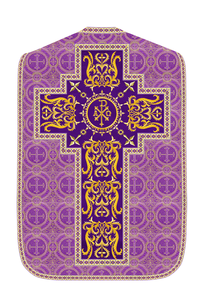 Liturgical Roman Chasuble Vestment With Spiritual Motifs and Trims