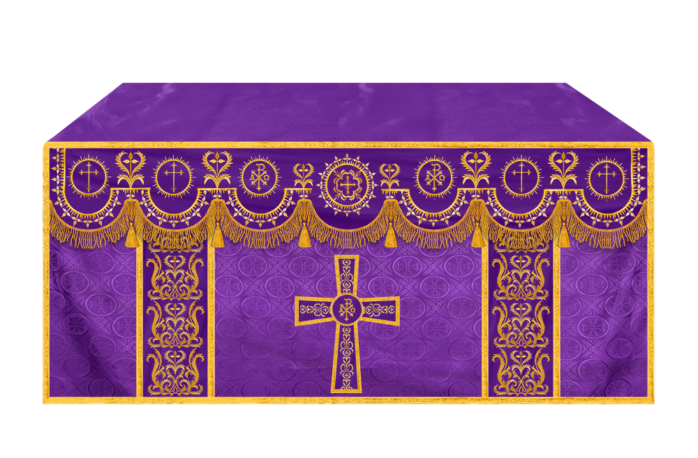 Traditional Altar Table Cloth with Ornate Motif and Embroidered Trims