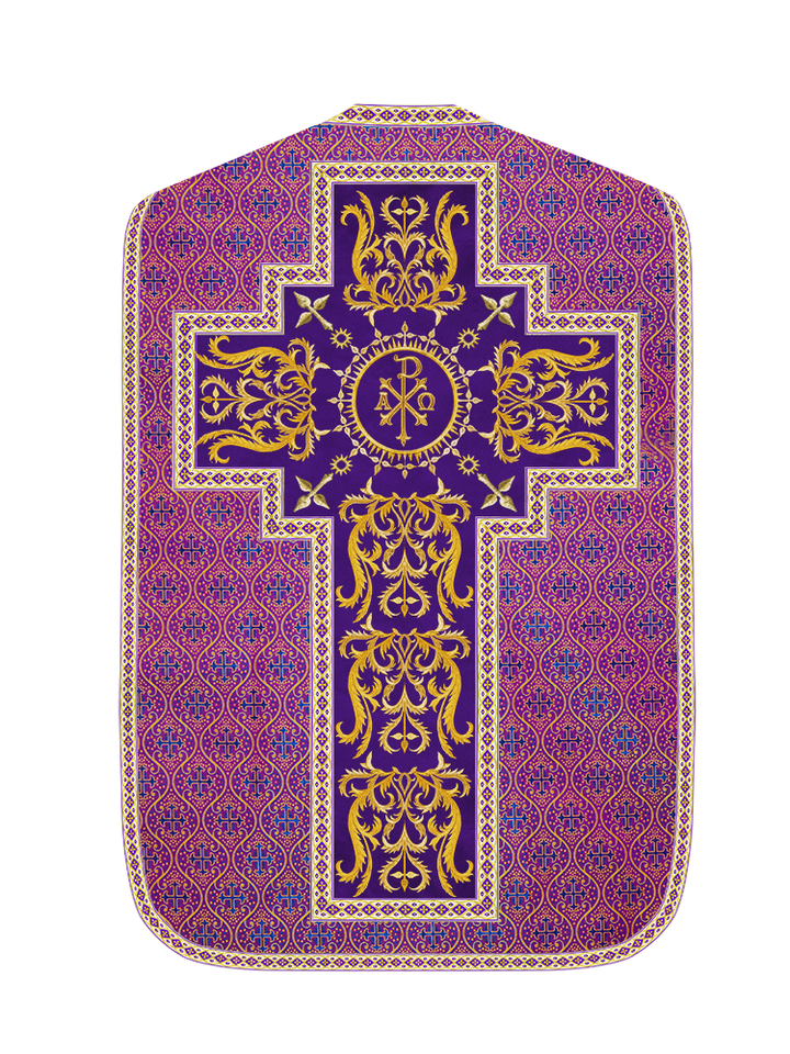 Liturgical Roman Chasuble Vestment With Spiritual Motifs and Trims