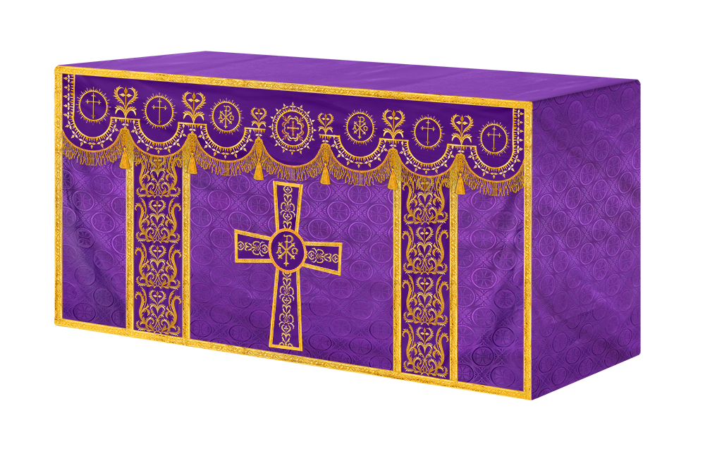 Traditional Altar Table Cloth with Ornate Motif and Embroidered Trims