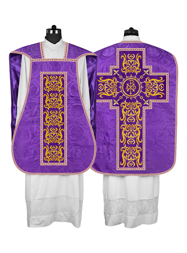 Liturgical Roman Chasuble Vestment With Spiritual Motifs and Trims