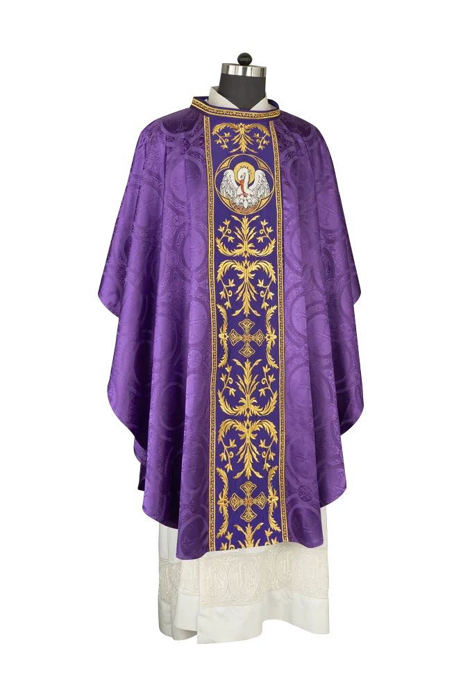 Gothic Chasuble with Ornate Pelican and Cross Embroidery