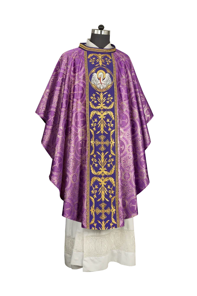 Gothic Chasuble with Ornate Pelican and Cross Embroidery