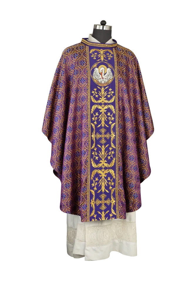 Gothic Chasuble with Ornate Pelican and Cross Embroidery