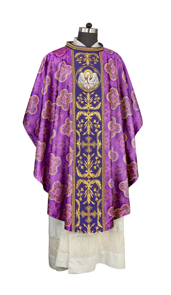 Gothic Chasuble with Ornate Pelican and Cross Embroidery