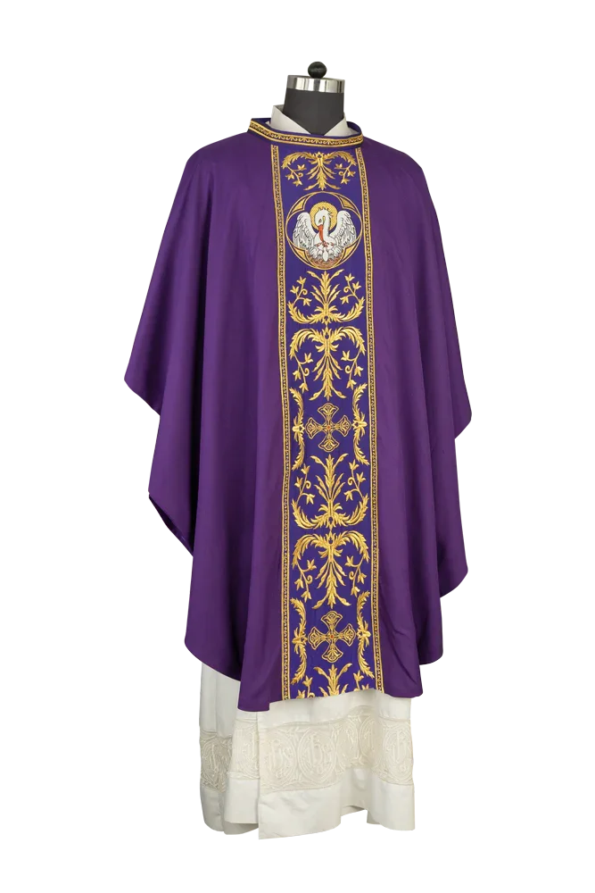 Gothic Chasuble with Ornate Pelican and Cross Embroidery