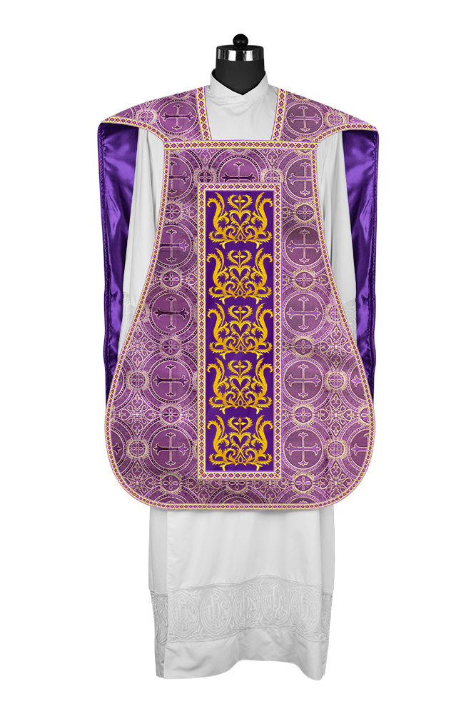 Liturgical Roman Chasuble Vestment With Spiritual Motifs and Trims